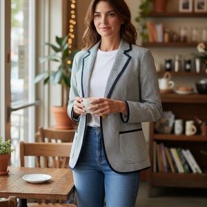 Jones New York Blue Pinstripe Blazer with Gold Buttons